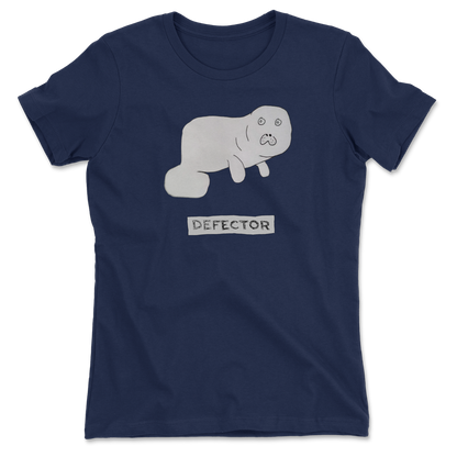 Hand-drawn Devin the Dugong tee with a hand drawn defector logo below it