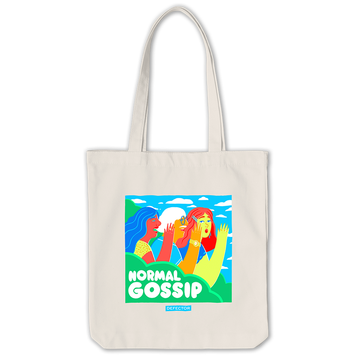 A tote bag with the Normal Gossip logo.